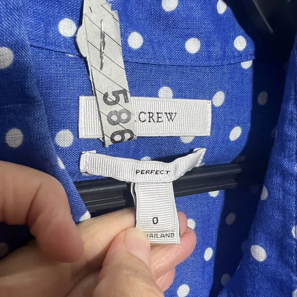 JCrew Womens Polka Dot Linen Top Slim Perfect Button Down Shirt Blue Sz 0